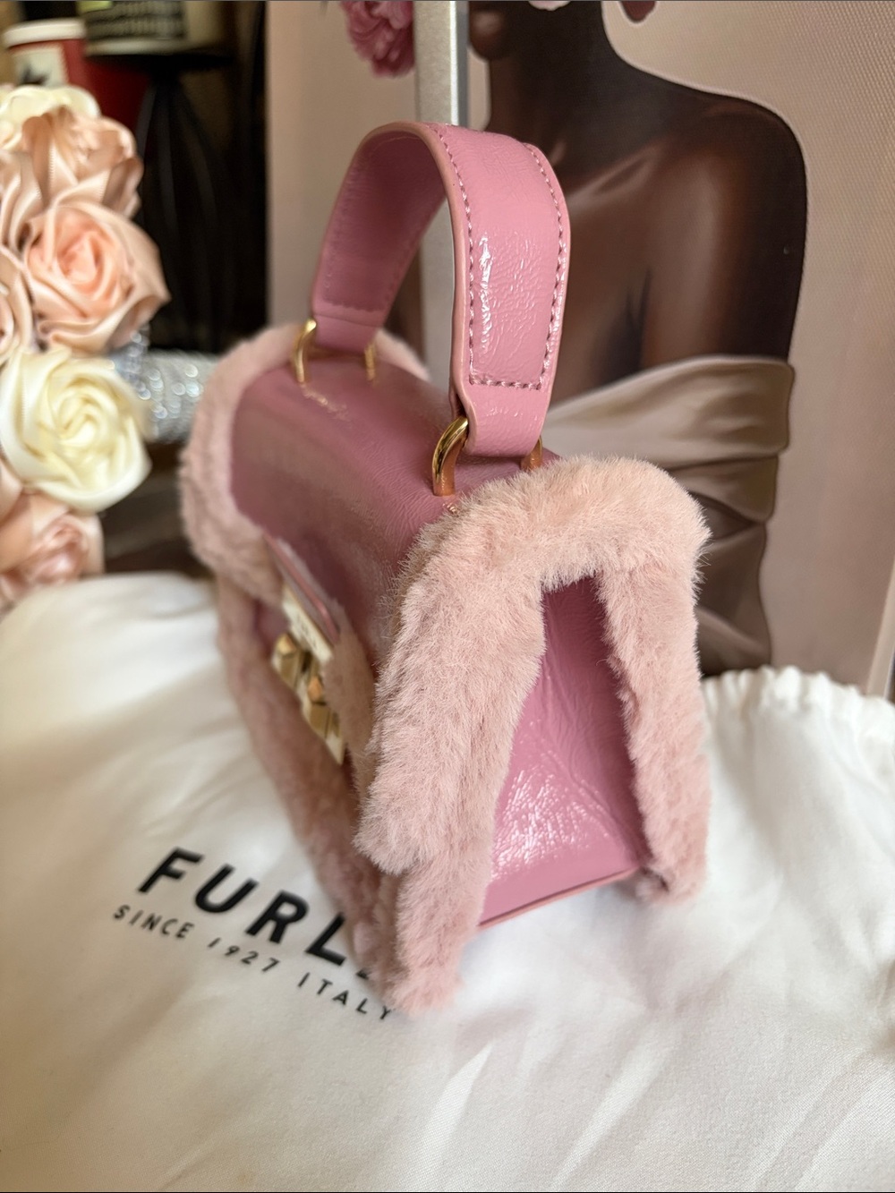 Furla Pink Faux Fur Trim Satchel - Picture 3 of 10